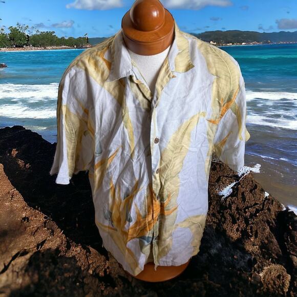 Tommy Bahama Mens Shirt Sz L Linen Blue Yellow Bird of Paradise Flower Buttons - Picture 3 of 10